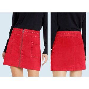 BAGATELLE NYC Red Suede Studded Front Zip Mini Skirt Size Medium